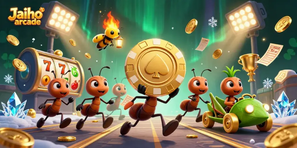 Experience the thrill of Jaiho arcade with ants carrying a giant poker chip amid a vibrant casino backdrop.