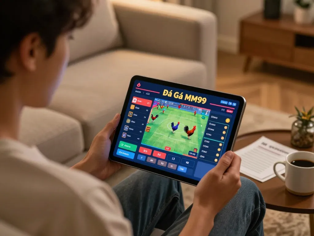 Engaging in Đá Gà MM99 online betting with a tablet at home, showcasing live match action.