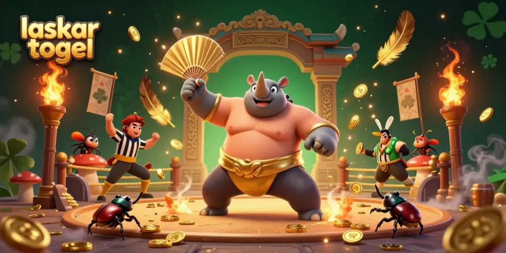 Laskar togel champion beetle stomping gold coins in an exciting 3D gambling arena.