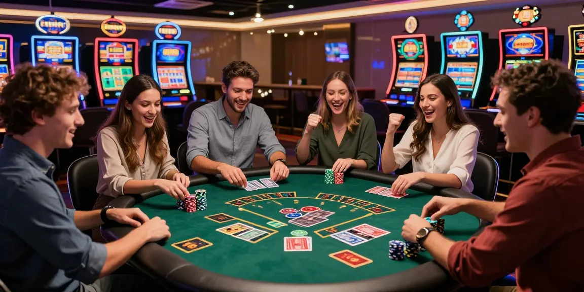 Exciting atmosphere at credit card casinos with vibrant gaming scene, friends enjoying blackjack and slots.