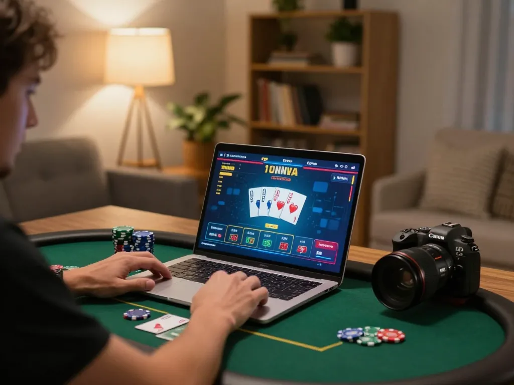 Player enjoying online gambling on nk88 com with poker game in cozy home setup