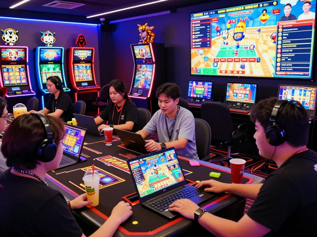 Pemain yang terlibat menikmati permainan slot virtual berwarna-warni di situs slot, suasana kasino yang hidup.
