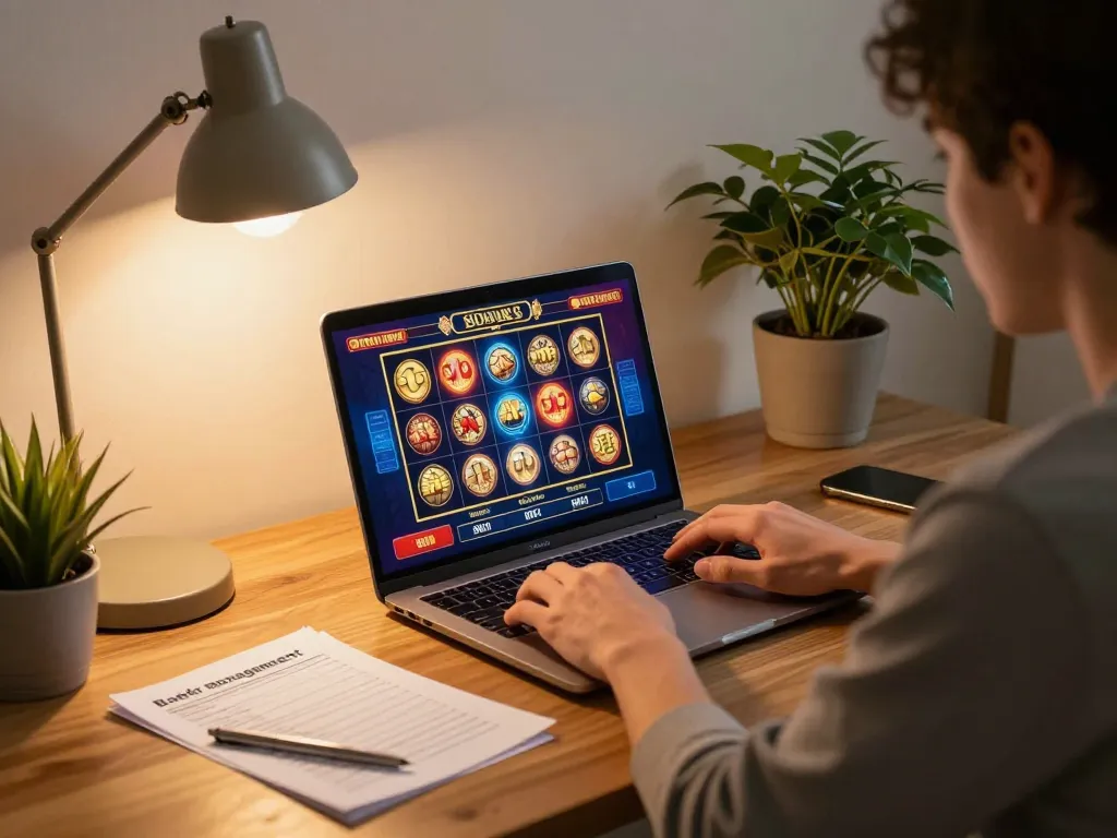 Engaged in online slot gaming at home, showcasing immersive gameplay and strategic notes.