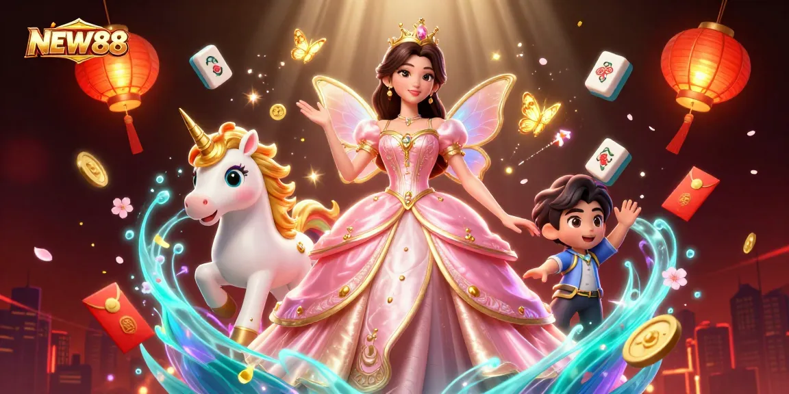 Engage with the enchanting NEW88 casino scene featuring a glamorous character with vivid game elements.