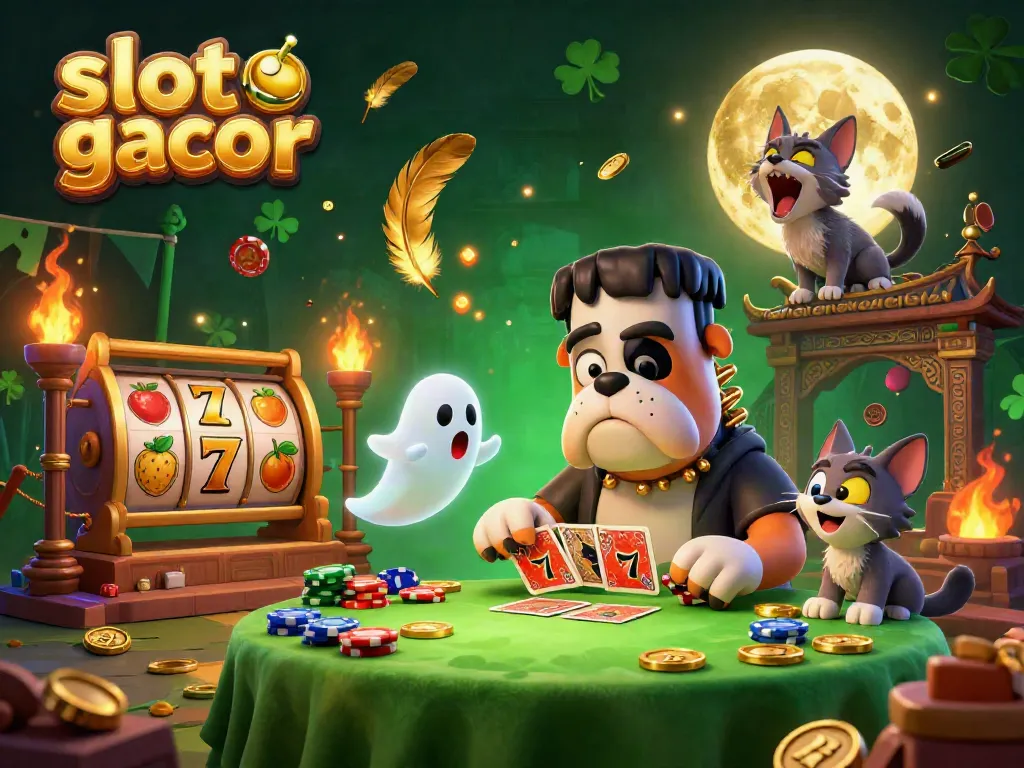 Menang besar di slot gacor dengan pit bull Frankenstein dan suasana kasino yang meriah.