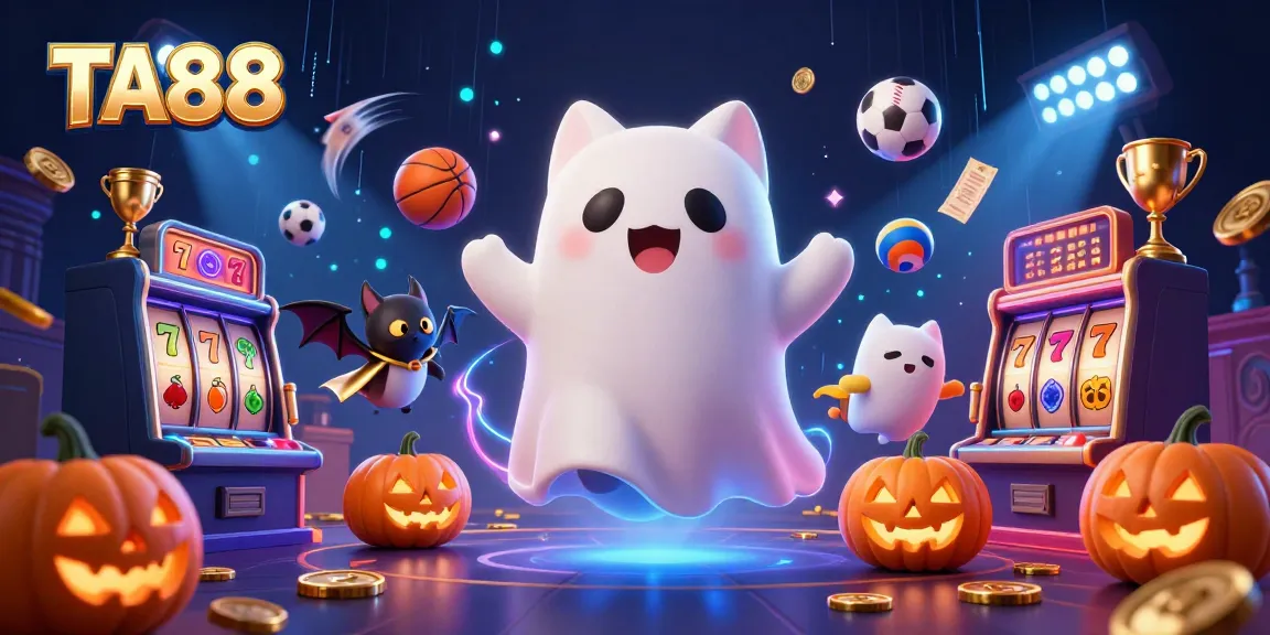 Win big at TA88 with a friendly ghost cat and glowing jack-o-lanterns in a haunted casino scene.