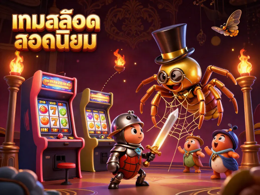 Engage with เกมสล็อตยอดนิยม in a vibrant 3D arcade scene filled with exciting slot machines and characters.
