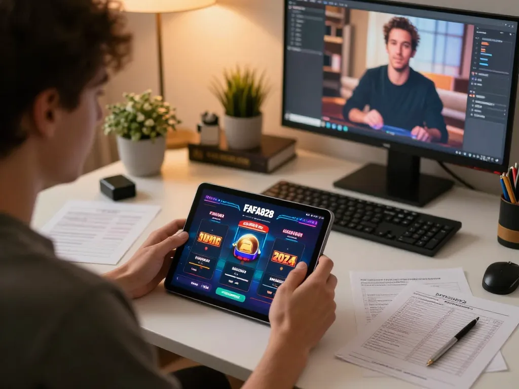 Player enjoying FAFA828 online slots on tablet with strategic notes nearby in cozy home office