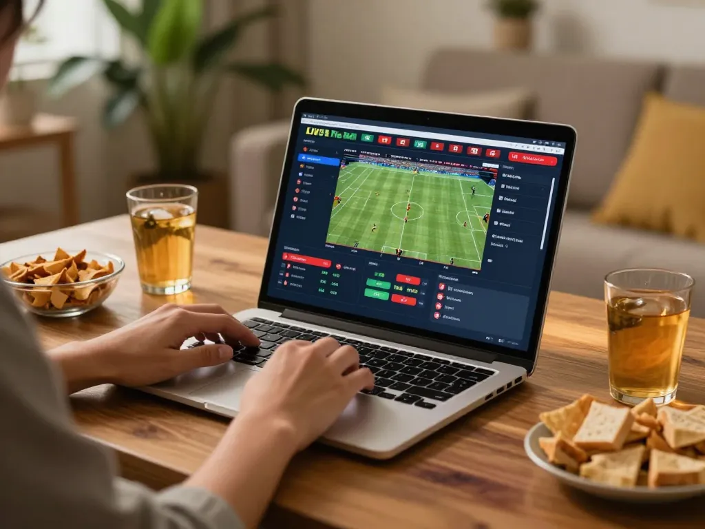 Engaging sports betting session at home using the tr88 link on a laptop with live updates.