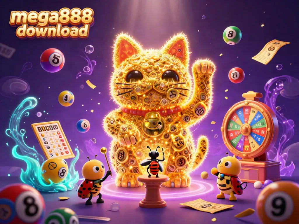 Engage with the vibrant mega888 download scene, showcasing a lucky cat and casino symbols with lively gaming elements.