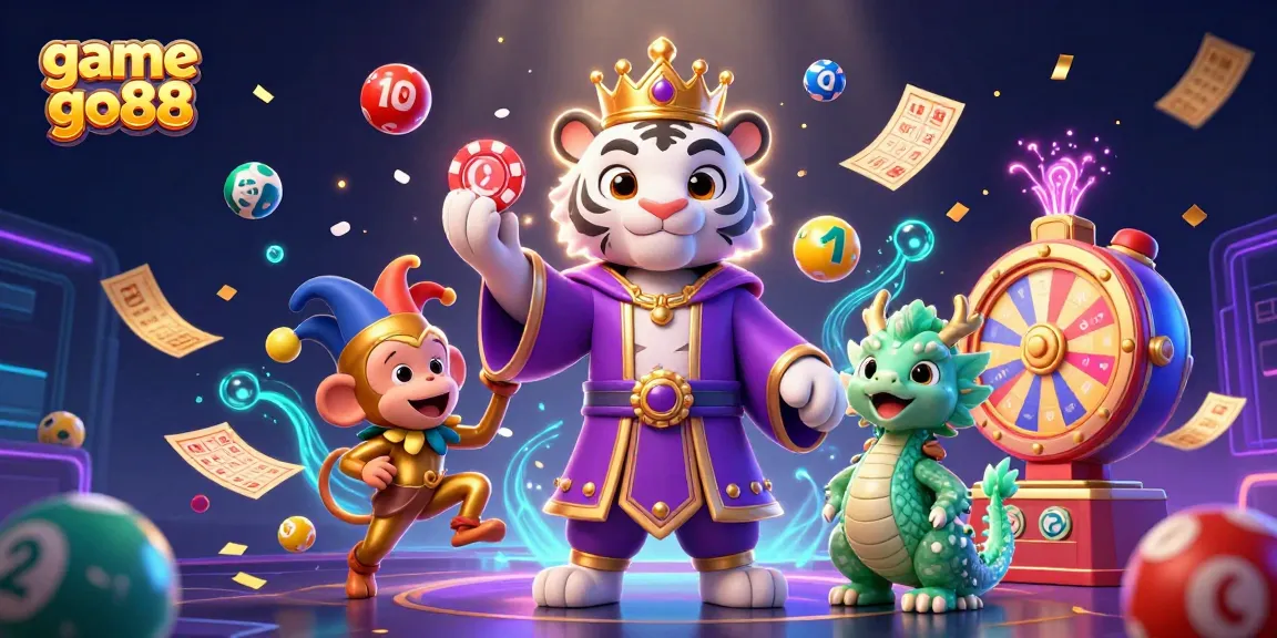 Engage with game go88 as a 3D cartoon scene showcases vibrant lottery dynamics and characters.