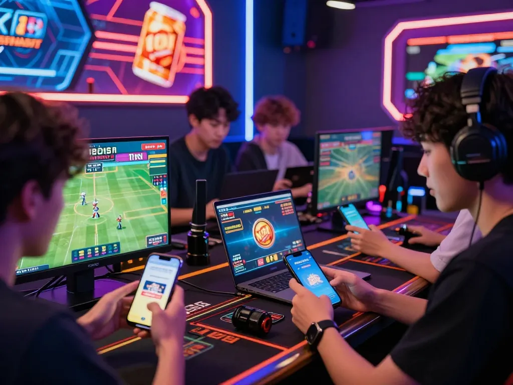Young gamers enjoying NK88 online betting on digital devices in a vibrant atmosphere.