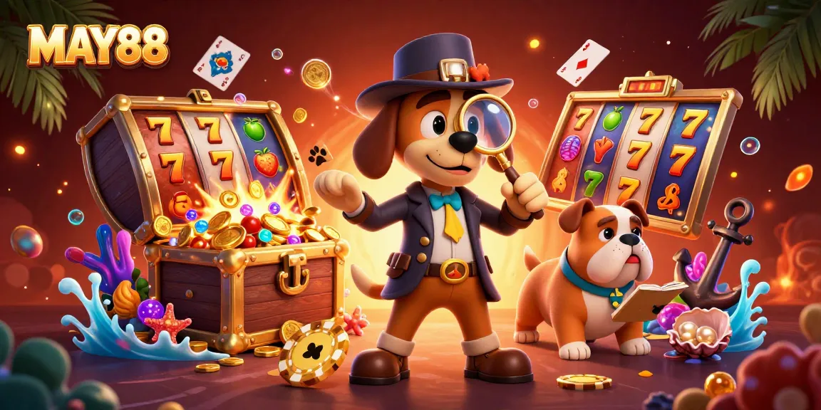 MAY88 slots and poker scene featuring a detective examining clues and treasure with vibrant casino elements.
