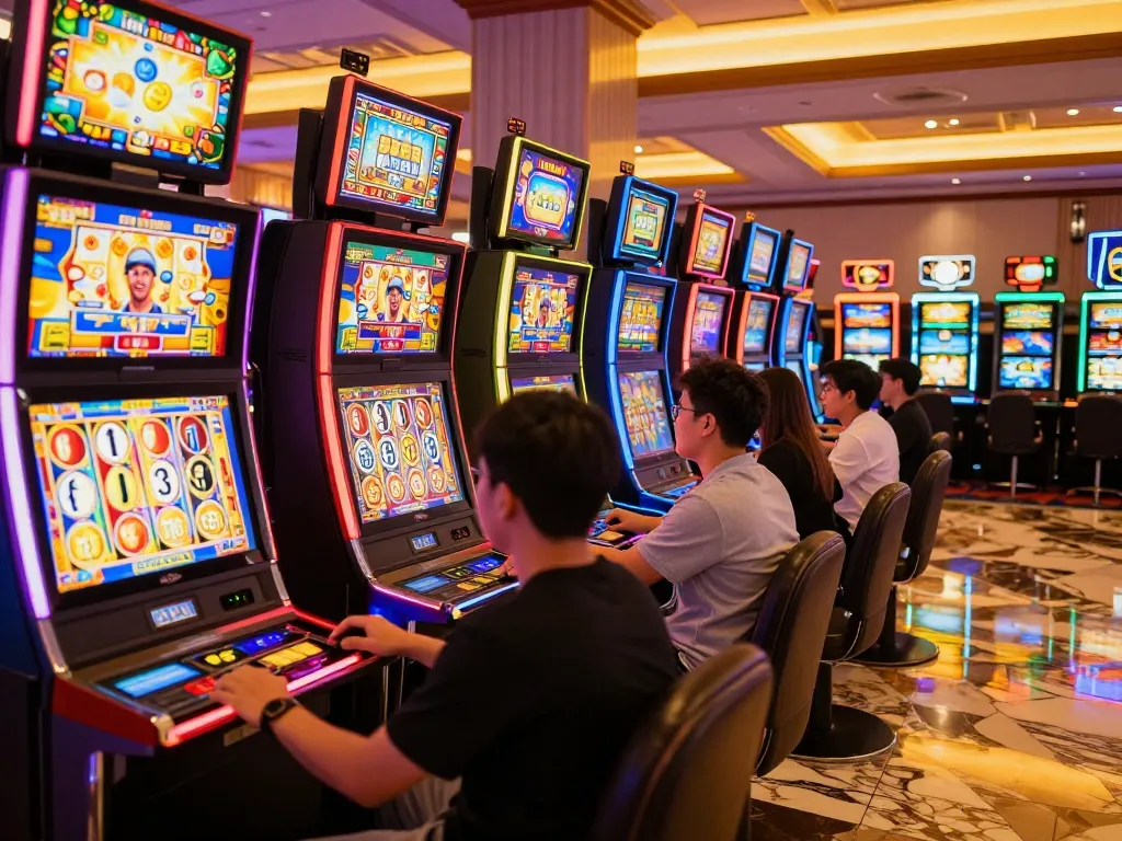 Engaged players spin reels at colorful situs slot machines, experiencing thrill and excitement in a vibrant casino.
