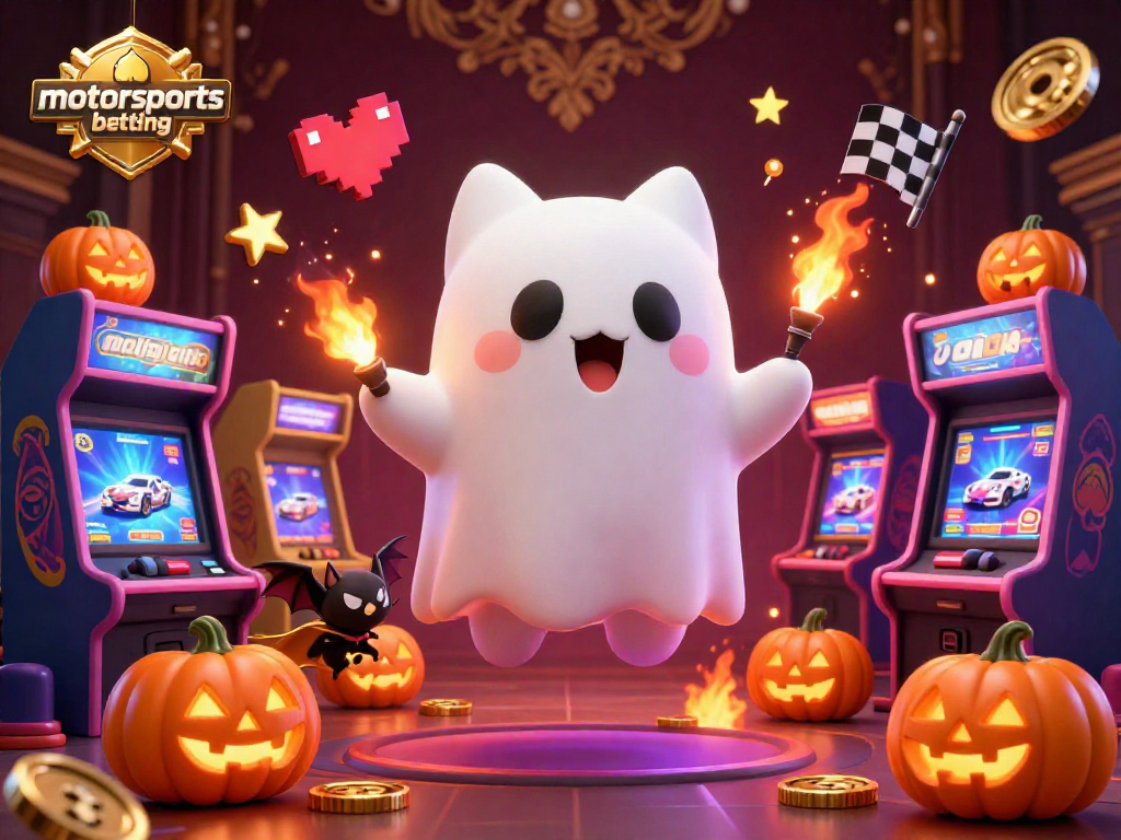 Engage in motorsports betting excitement with dynamic 3D ghost cat and arcade elements in a casino.