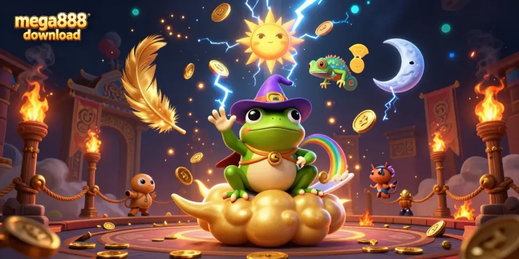 Experience the excitement of mega888 download with a dynamic illustration of casino elements and magical characters.