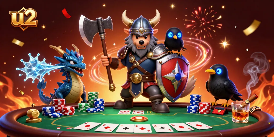 Experience thrilling poker action at U2 Casino with a cartoon Viking warrior and dragon.