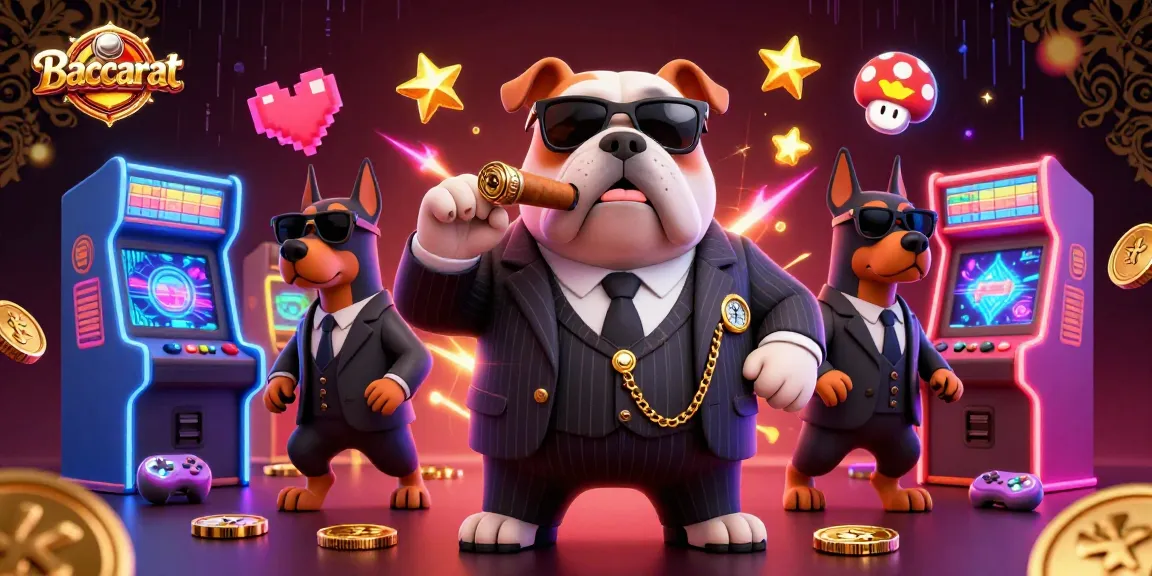 Experience Baccarat action with a cartoon mafia boss and bodyguards in a vibrant casino scene.