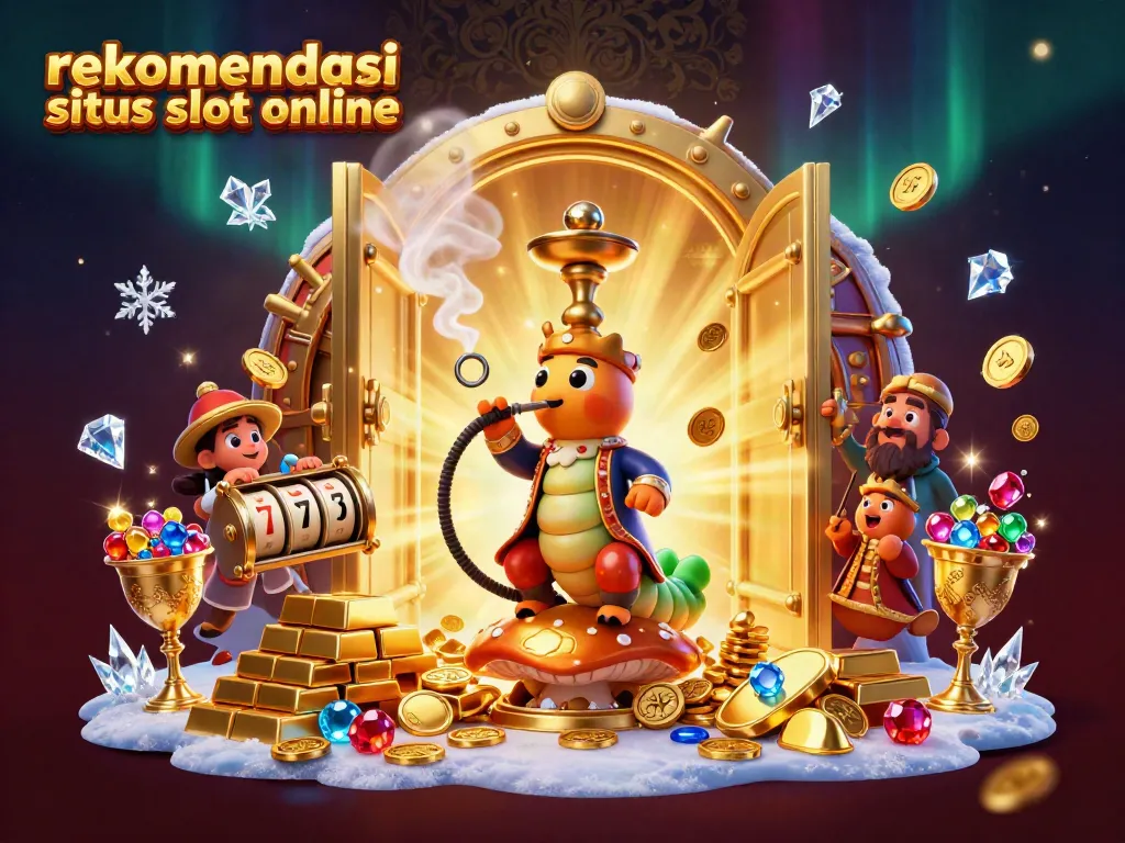 Menampilkan rekomendasi situs slot online dengan suasana penuh harta karun dan simbol slot yang menarik.