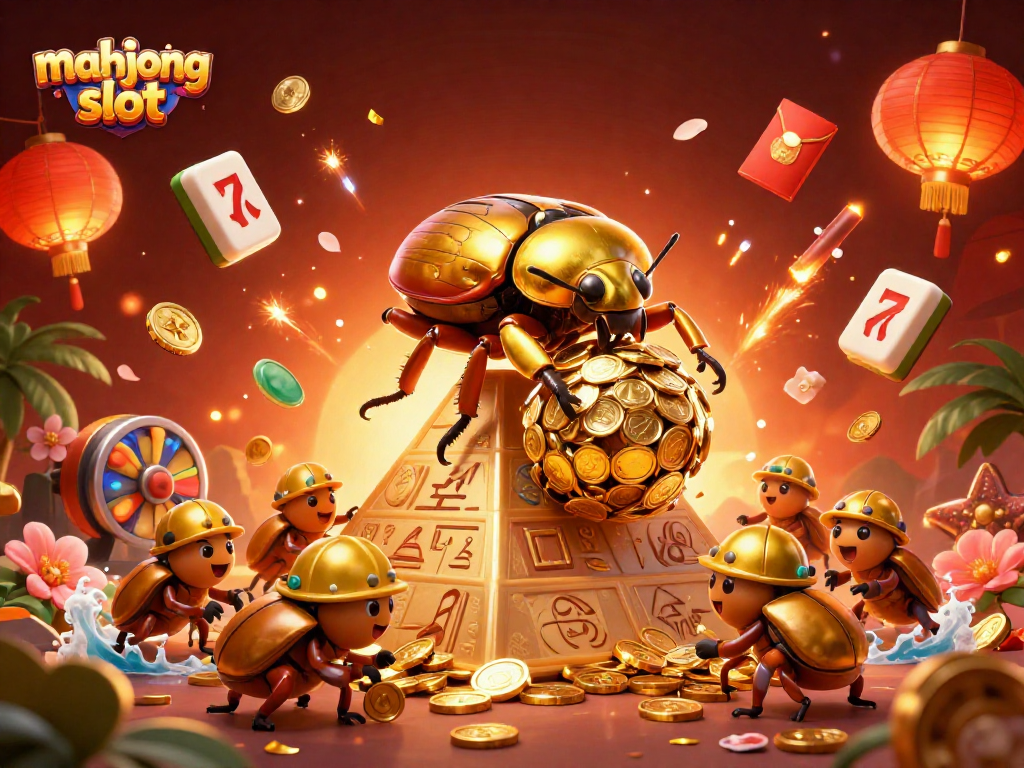 Experience the thrill of mahjong slot gameplay with dazzling golden symbols and festive elements.