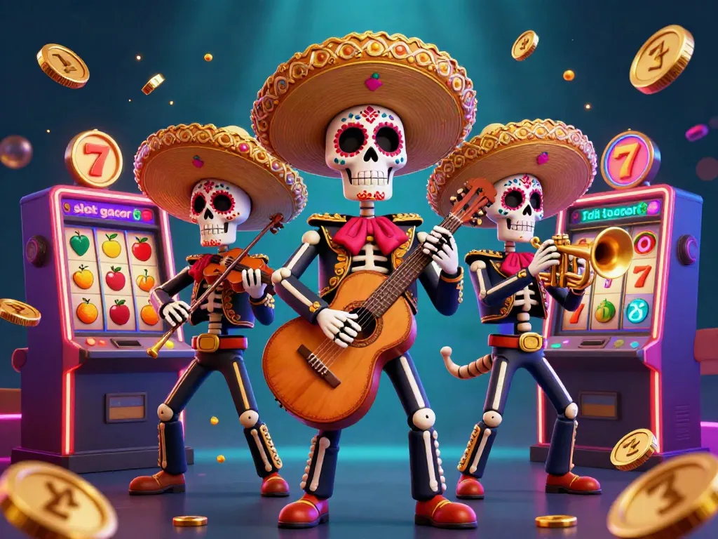 Experience the excitement of slot gacor with lively Day of the Dead skeleton musicians and interactive slot elements.