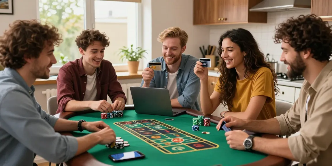 Group enjoying gaming at credit card casinos UK in a cozy kitchen setting, highlighting excitement and convenience.