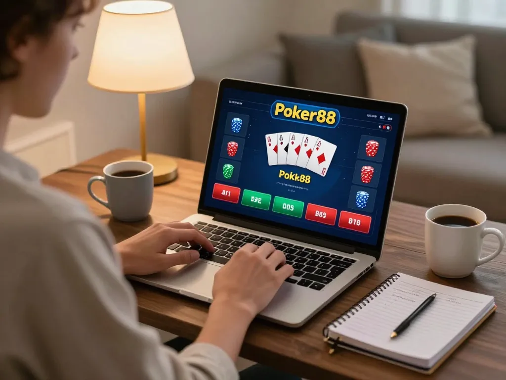 Engaging online Poker88 game interface being played at home with focused player and cozy ambiance.