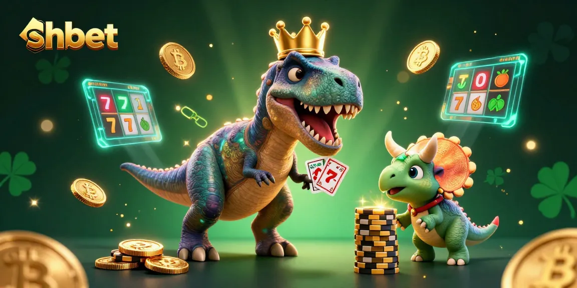 Engage in thrilling shbet casino fun with a T-Rex shuffling cards, surrounded by glowing crypto coins.