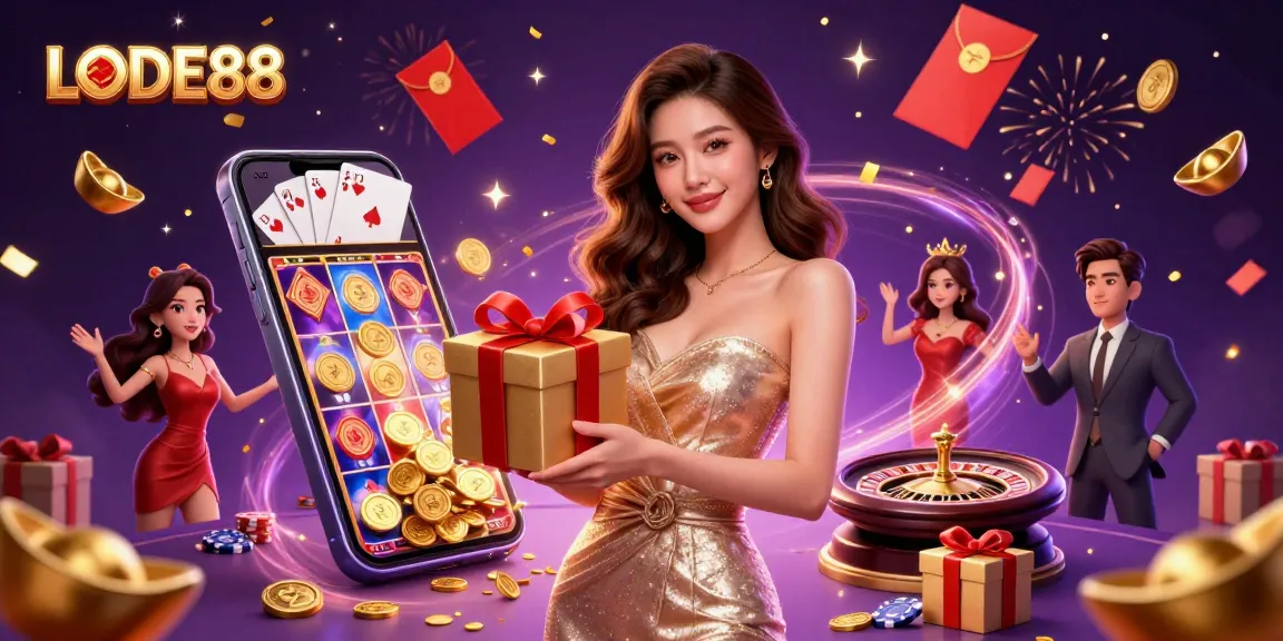 Engage with LODE88's thrilling casino adventure as golden coins and confetti fill the scene.