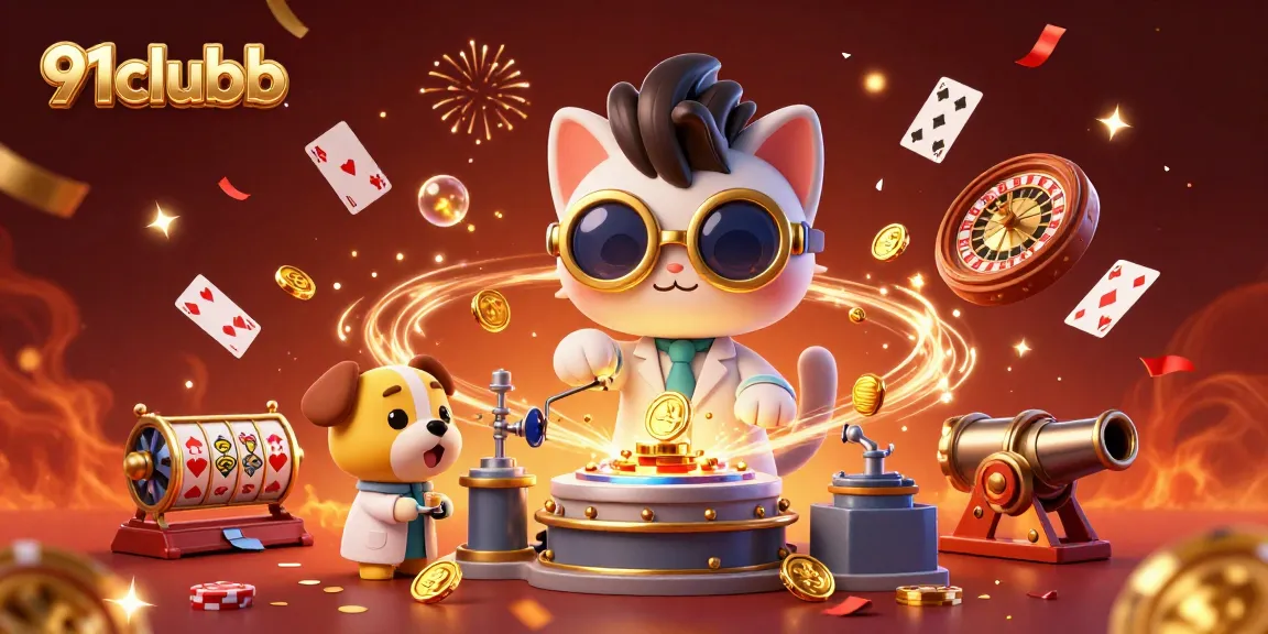Win big with 91clubb in this vibrant 3D casino scene of a mad scientist cat and loyal dog