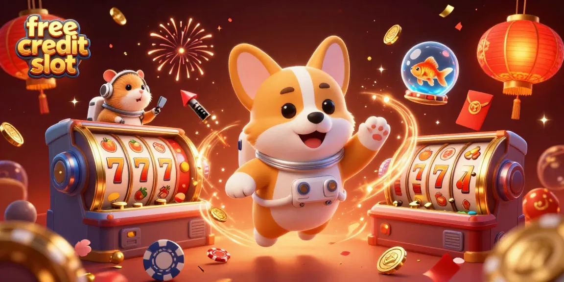 Celebrate winning with the free credit slot in a lively space casino scene featuring playful animated characters.