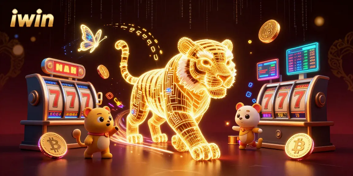 Play engaging casino games at iwin with a 3D golden tiger in a vibrant digital landscape.