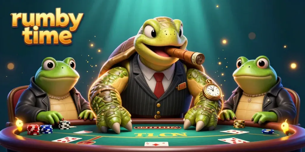 Engage in rummy time gameplay with vibrant casino elements, featuring a fun cartoon turtle and bullfrog characters.