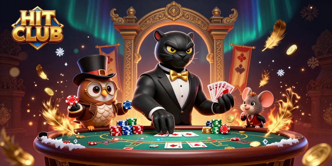 Experience HIT CLUB with a charming black panther dealer, owl, and lucky mouse at a lively poker table.