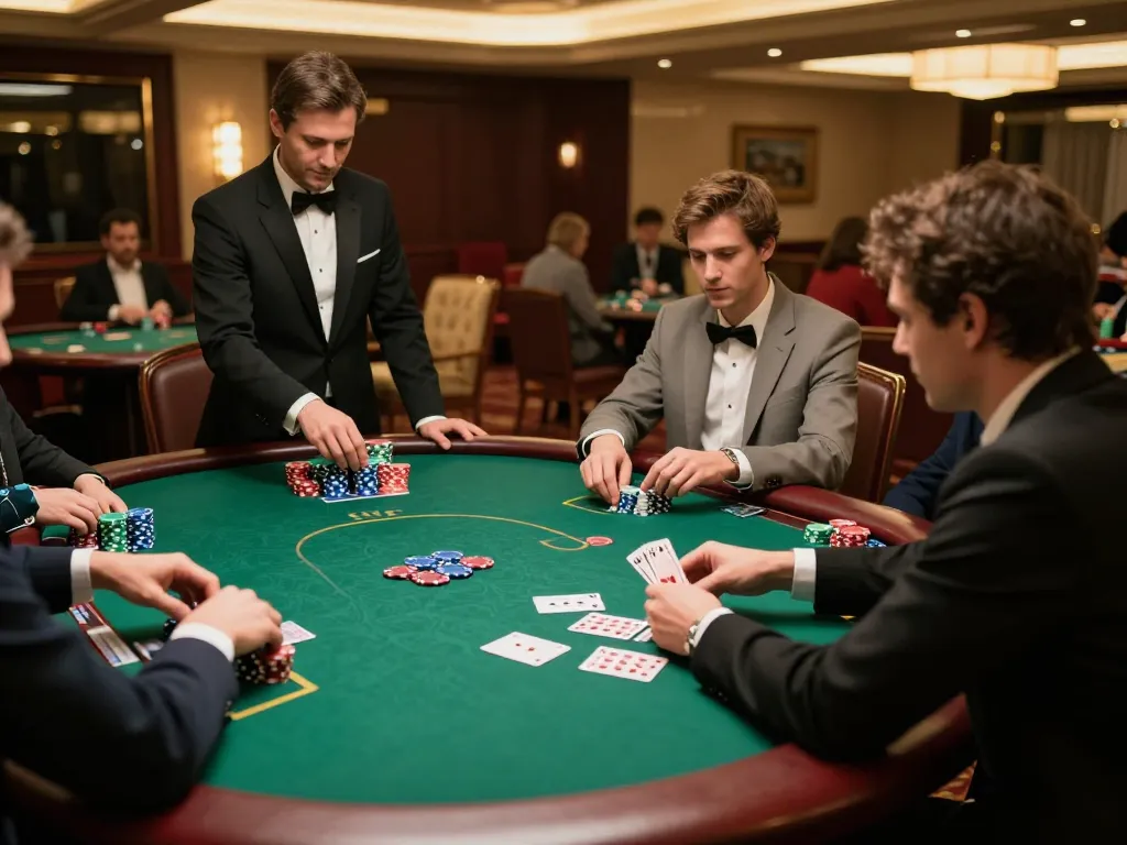Pemain yang terlibat di meja poker MPO777, menampilkan permainan strategis di lingkungan kasino yang hidup.