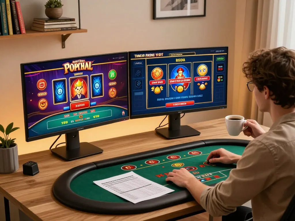 Player engaging with online casino games m116 at stylish home desk with monitors and notes.