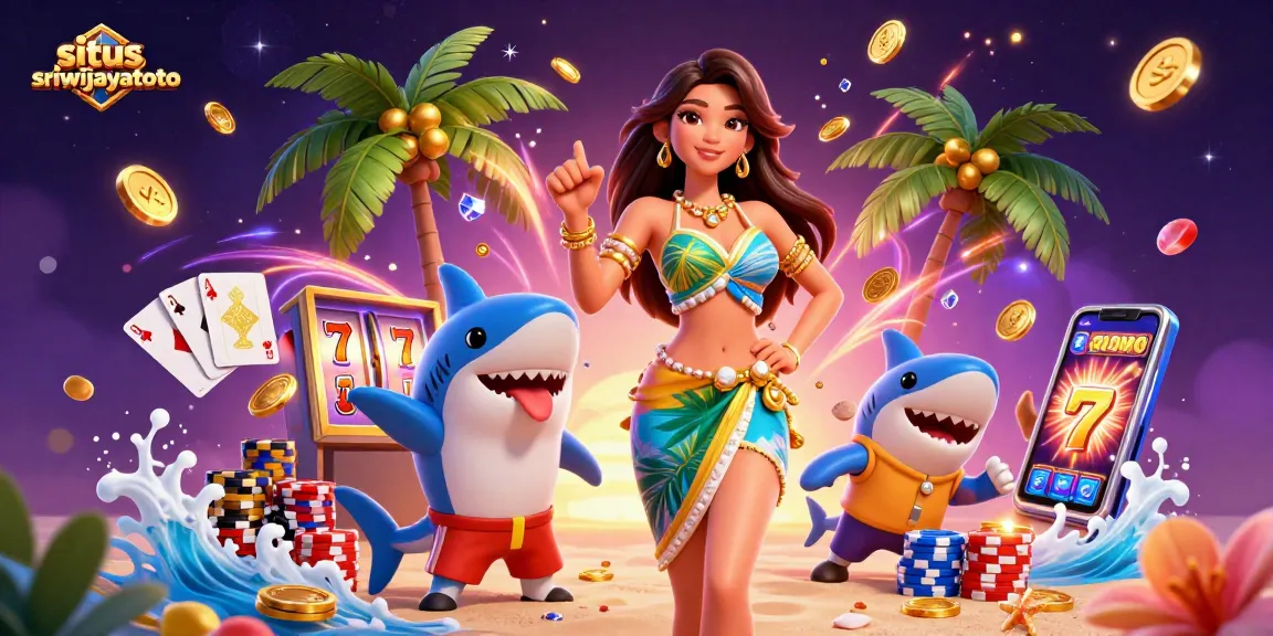 Engage in fun at situs sriwijayatoto with a 3D casino scene featuring a surfer shark and a glamorous woman.