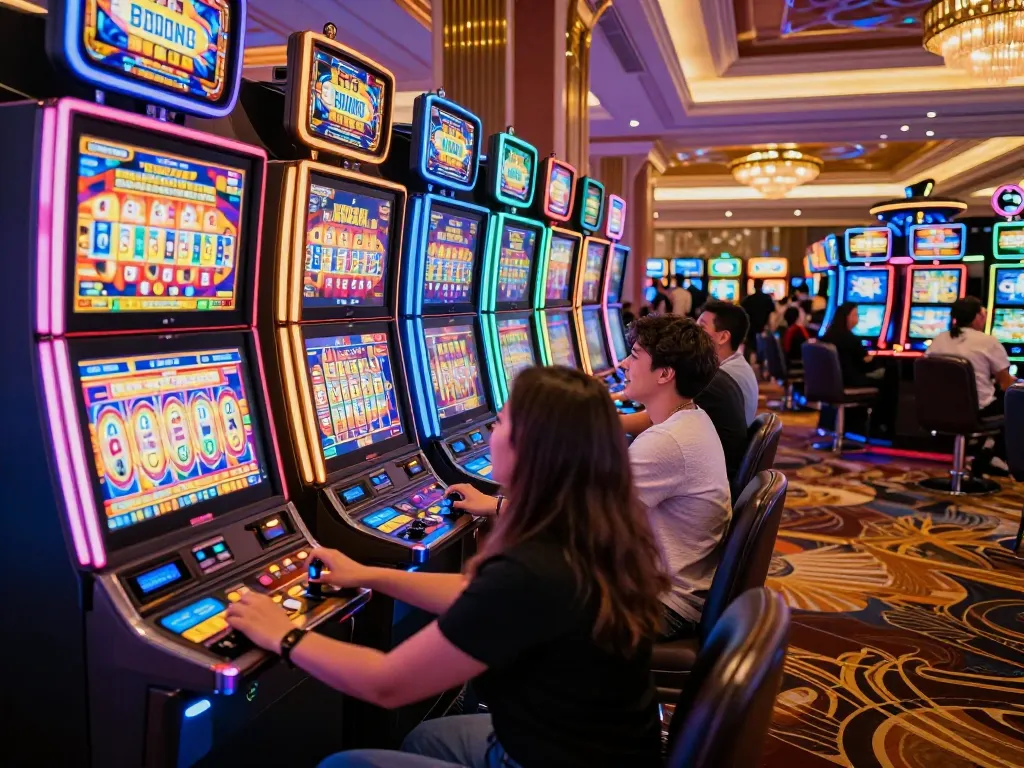 Engaging moment at the slot machines showcasing luckyindex with players enjoying vibrant gameplay action
