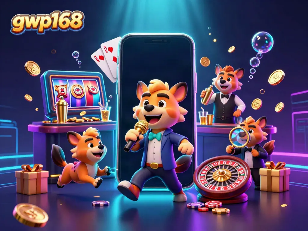 GWP168 menampilkan hyena komedi di klub kasino, dengan permainan slot berwarna-warni.