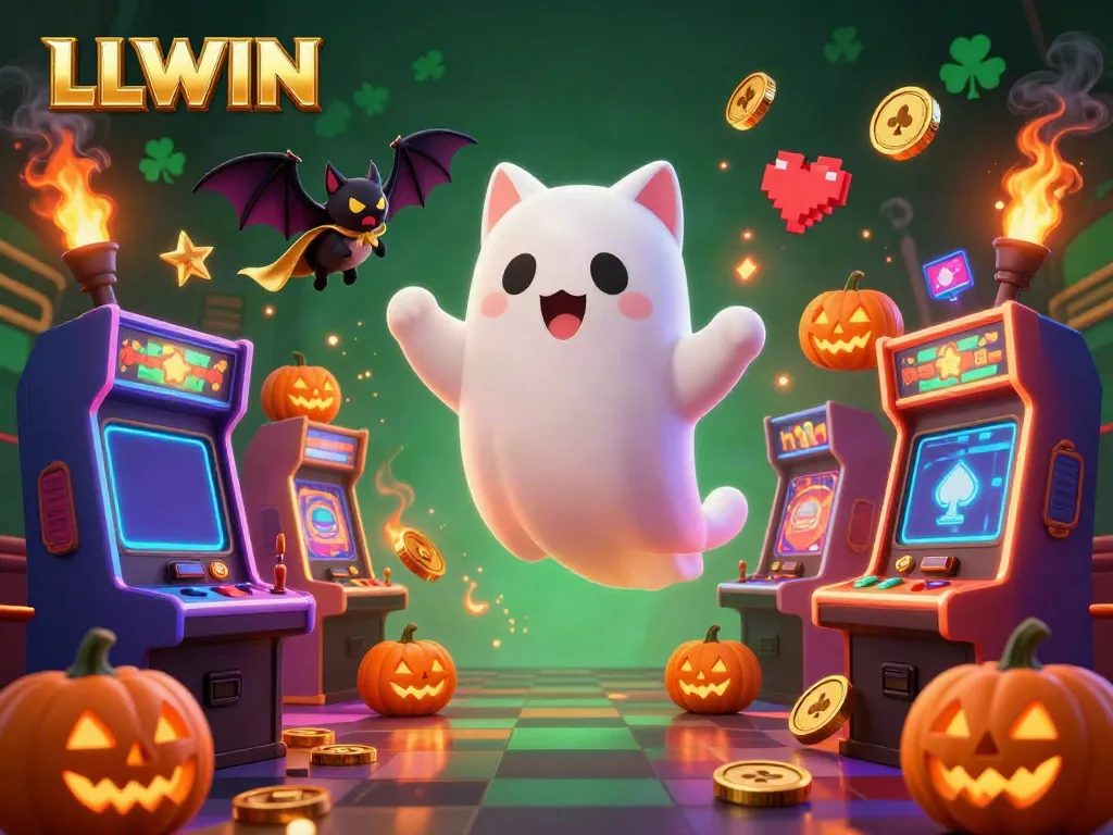 LLWIN captures the excitement of gaming in a vibrant casino scene featuring a ghost cat and arcade machines.