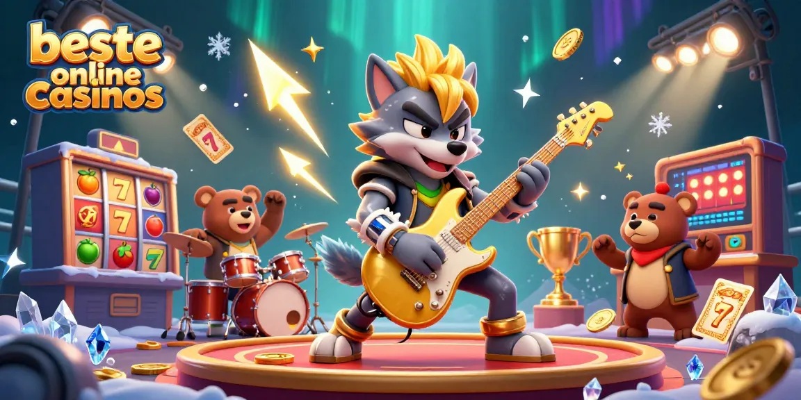 Experience the thrills at beste online casinos with a vibrant illustration full of casino elements and energetic characters.