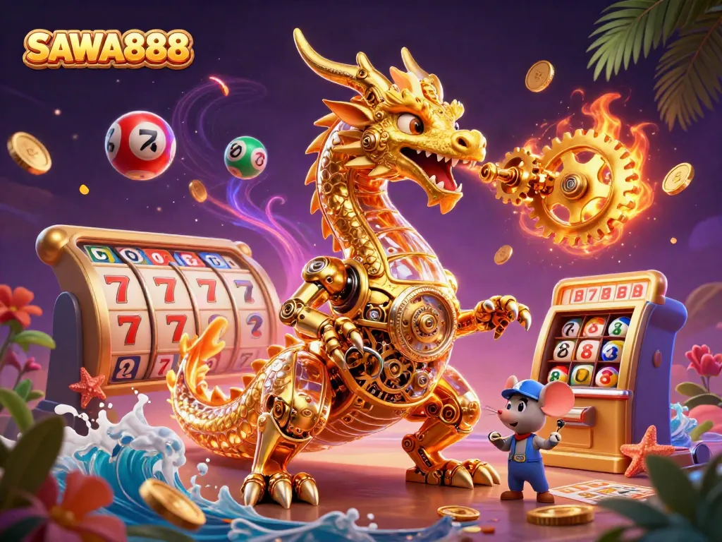 Experience thrilling gameplay with SAWA888's vibrant 3D casino illustration featuring a dragon and lottery elements.