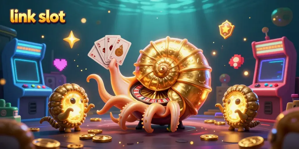 Permainan slot yang menguntungkan dengan link slot di ilustrasi kasino 3D yang berwarna-warni.