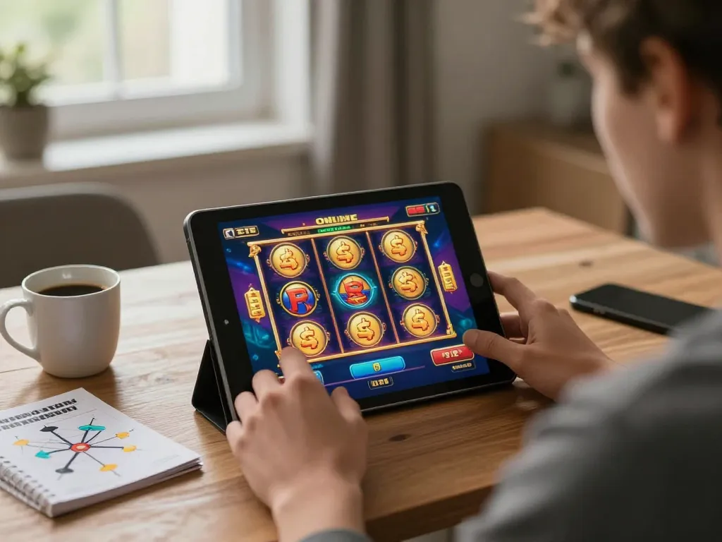 Engaging player spinning slot online reels on tablet in cozy home setting with strategic notes.