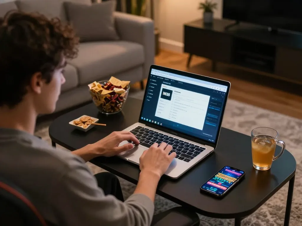 Engaging in online gambling on NK88 com, showcasing stylish home setup with interactive gaming interface.