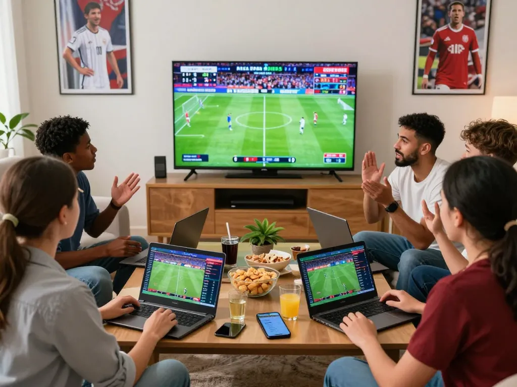 Kumpulan teman yang dengan bersemangat membahas taruhan sbobet piala dunia 2026 di ruang tamu yang ramai