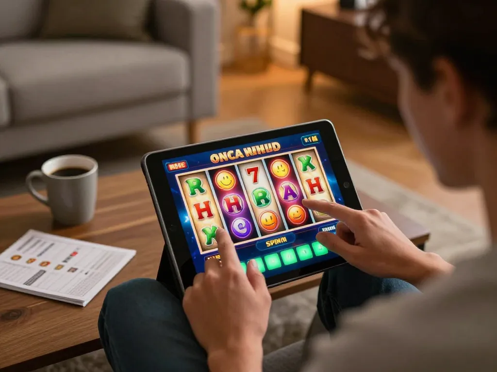 Pemain terlibat dalam permainan slot online di layar tablet dengan gulungan berwarna-warni yang berputar