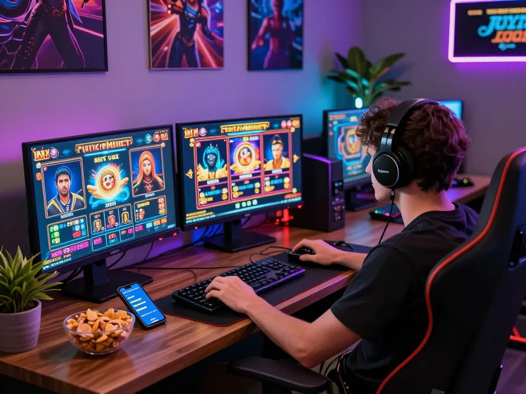 Player engaged in slot gacor hari ini at a colorful digital gaming setup with vibrant monitors and snacks.