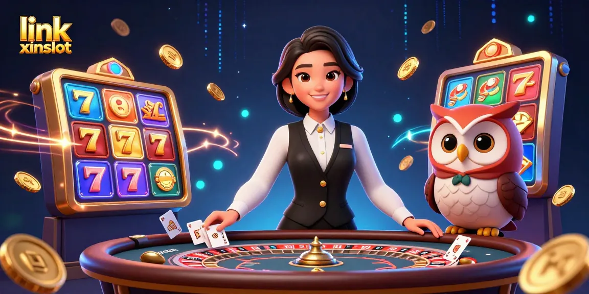 Experience the excitement of link xinslot games with vibrant slot reels and a charming dealer scene.