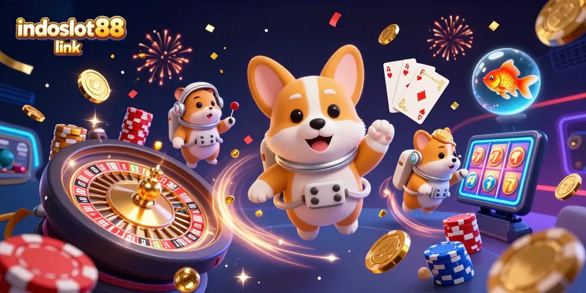 Spin to win with indoslot88 link in an ultra-detailed casino illustration featuring playful characters.
